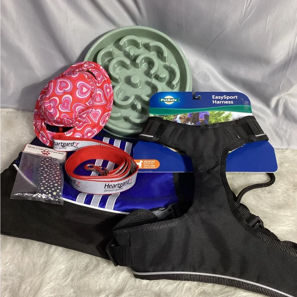 Pet Dog Mixed Accessories Lot of 6, Slow Feed Bowl Leash Harness Hat Adidas Bag